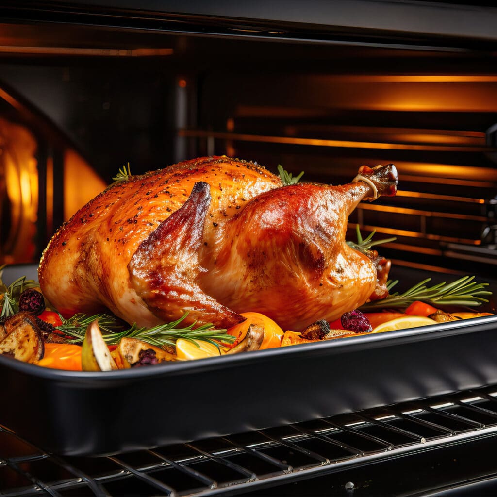 Bratengericht: goldbraun gerösteter Truthahn im Ofen, auf Gemüsebeet mit Rosmarin und festlicher Stimmung
