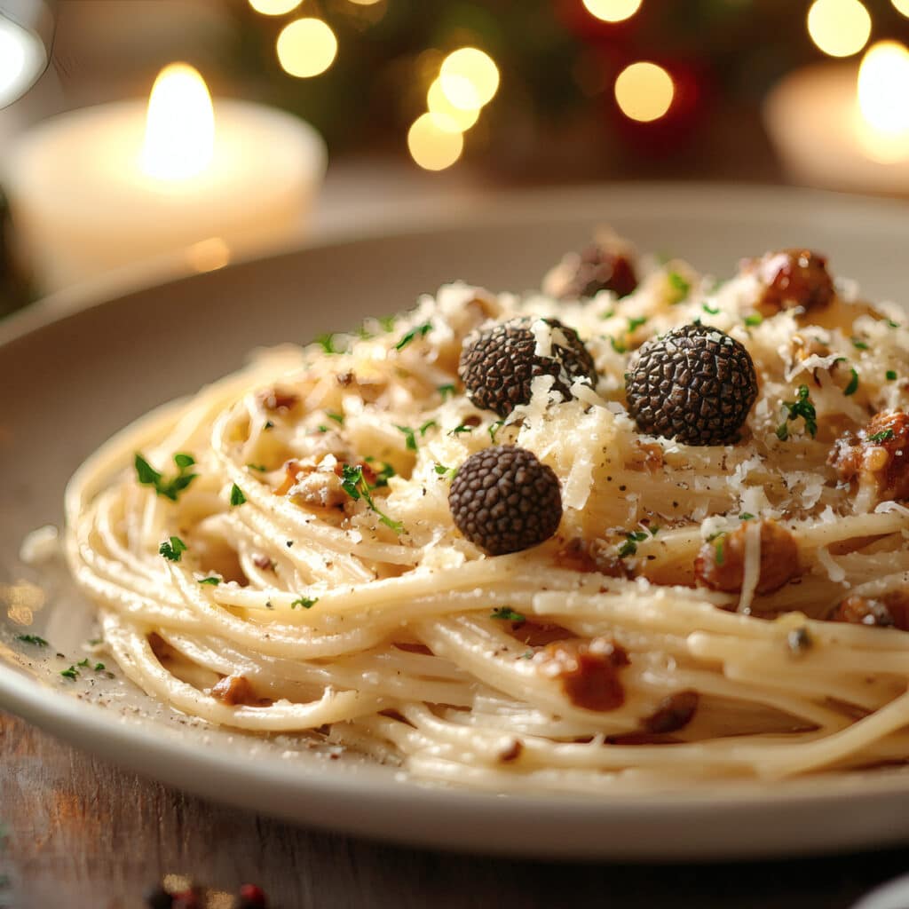 Teller mit Spaghetti in cremiger Trüffelsoße, garniert mit schwarzen Trüffeln, Parmesan und Kräutern, Kerzenschein