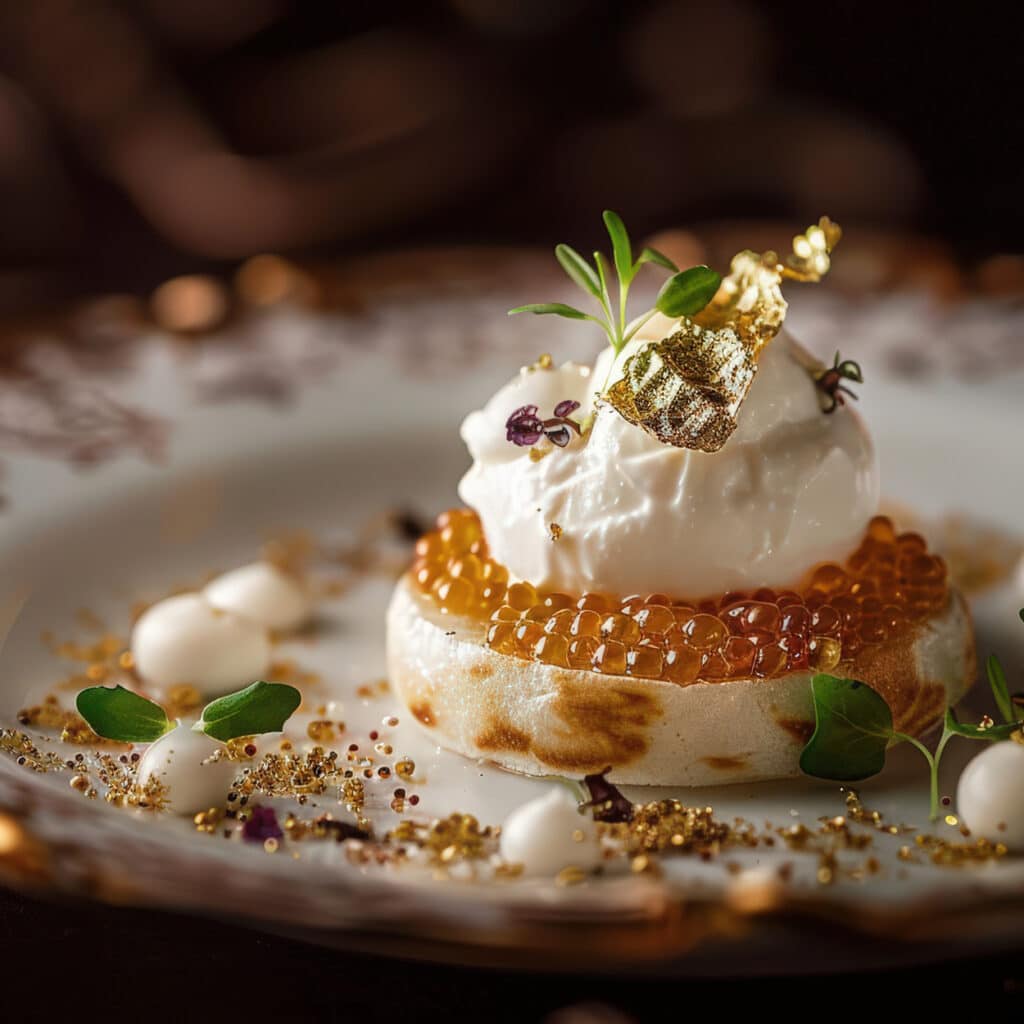 Edles Amuse-Bouche mit Kaviarperlen, Sauerrahm und Blattgold auf festlichem Porzellanteller