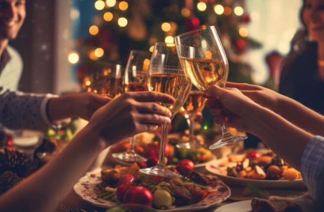 Freunde heben Gläser beim Weihnachtsessen – festliche Stimmung mit Lichtern und Dekoration