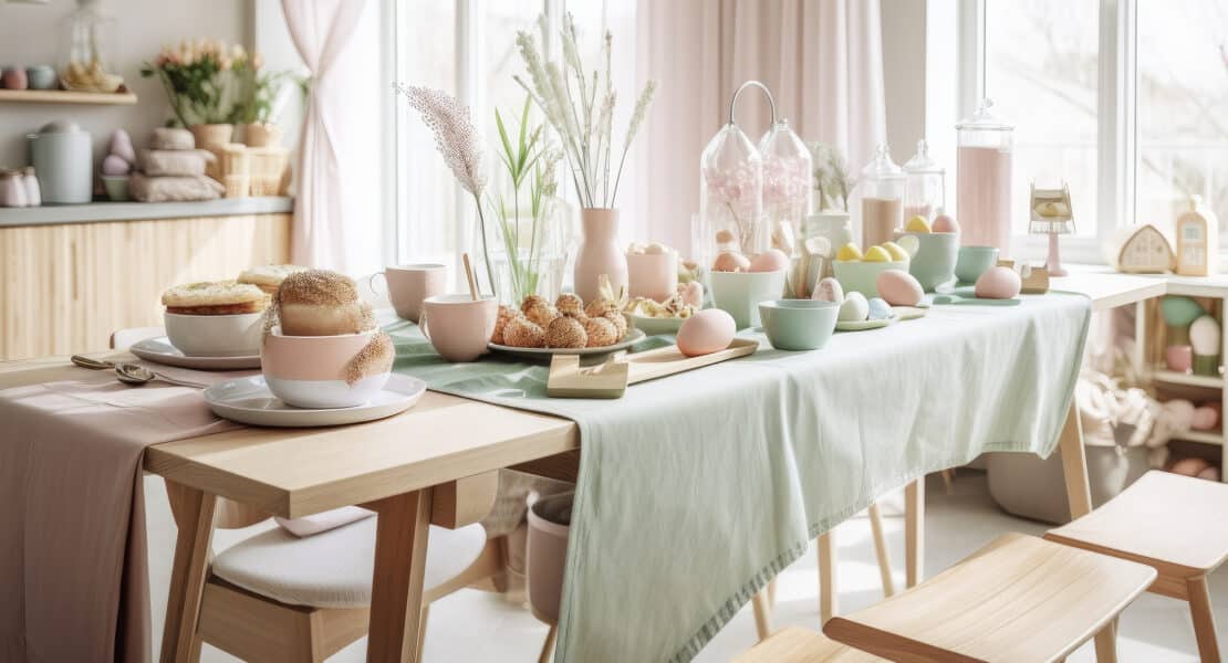 Frühlingshaft gedeckte Ostertafel mit pastellfarbenem Geschirr, Eiern und Blumen in hellem Esszimmer.
