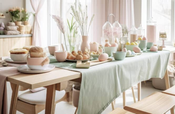 Frühlingshaft gedeckte Ostertafel mit pastellfarbenem Geschirr, Eiern und Blumen in hellem Esszimmer.