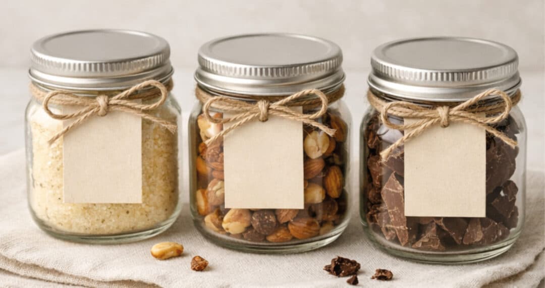 Drei Glasbeh&auml;lter mit Zucker, Nussmischung und Schokoladenst&uuml;cken, jeweils mit Etikett versehen