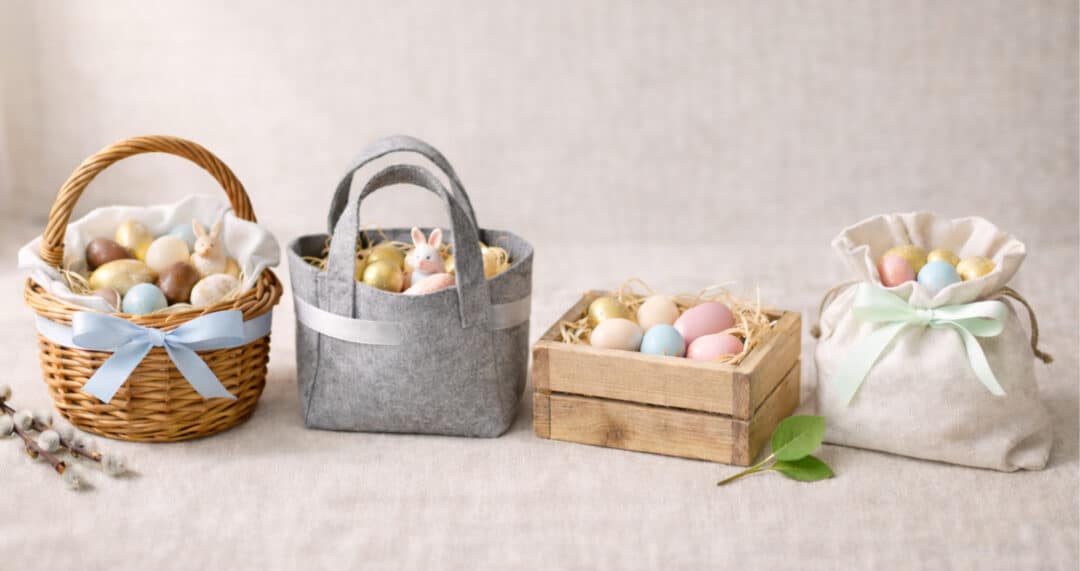 Vier verschiedene Osterk&ouml;rbchen und Beutel mit bunten Eiern auf hellem Stoffhintergrund