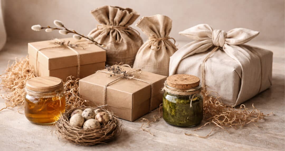 Nat&uuml;rlich verpackte Ostergeschenke: Geschenkboxen aus Kraftpapier, Stoffbeutel, Gl&auml;ser mit Honig und Pesto sowie Wachteleier in einem Nest auf Holzwolle