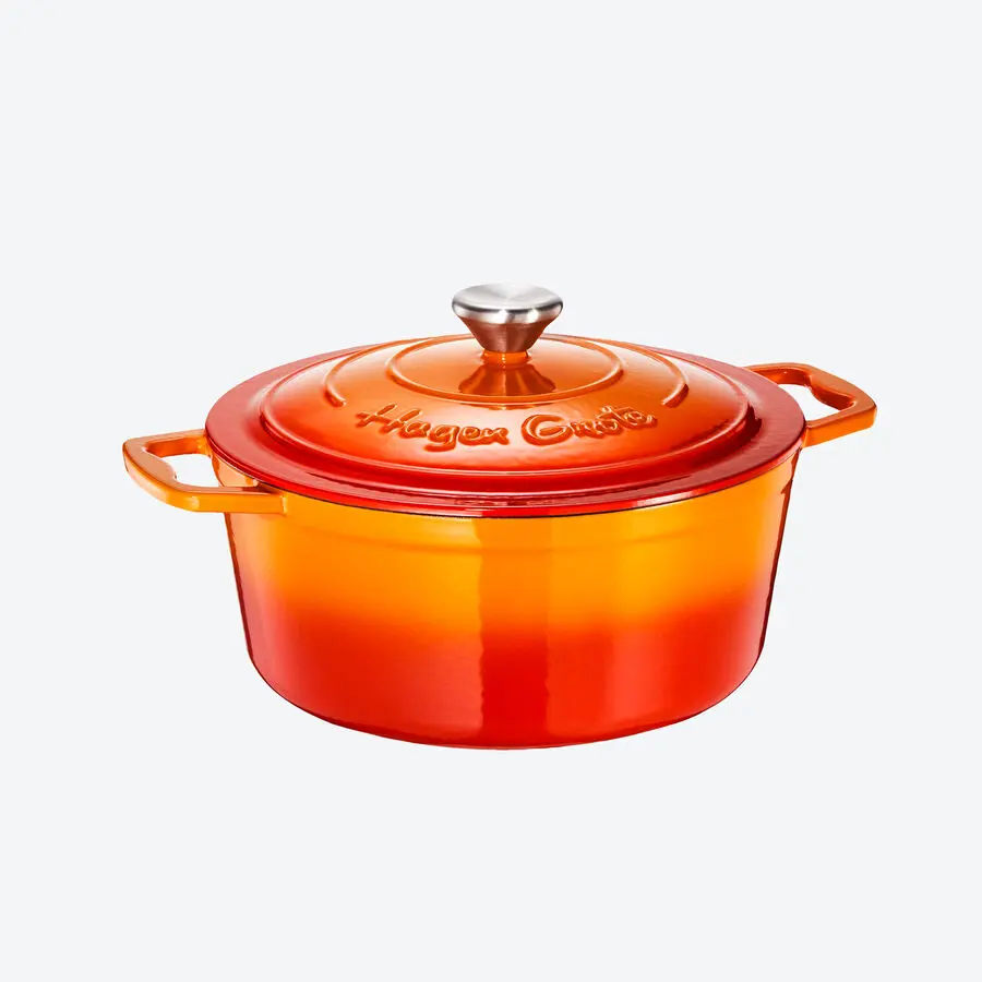 Runder Gusseisen-Br&auml;ter in Orange mit Deckel und seitlichen Griffen