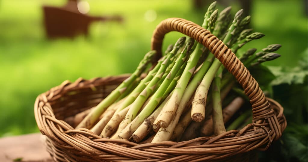 Grüner Spargel frisch geerntet im Weidenkorb im Garten bei Sonnenlicht